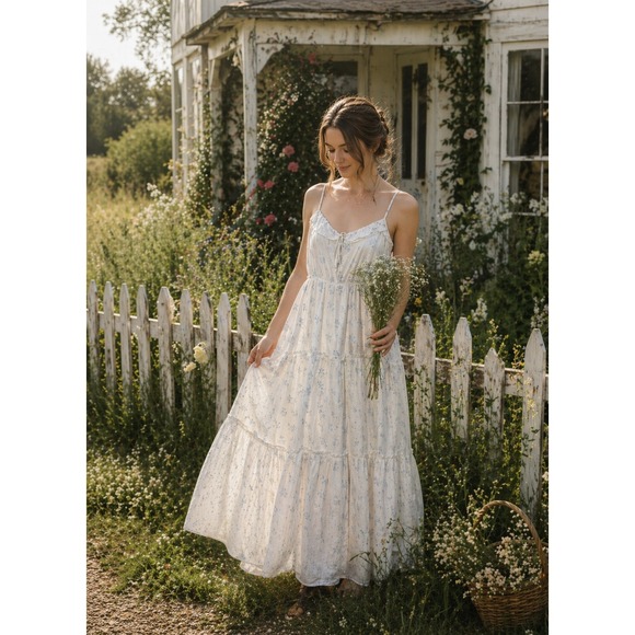 Simplee Apparel Dresses & Skirts - Womens L White Maxi Dress Floral Swiss Dot Tiered Ruffle Sleeve Cottage Prairie